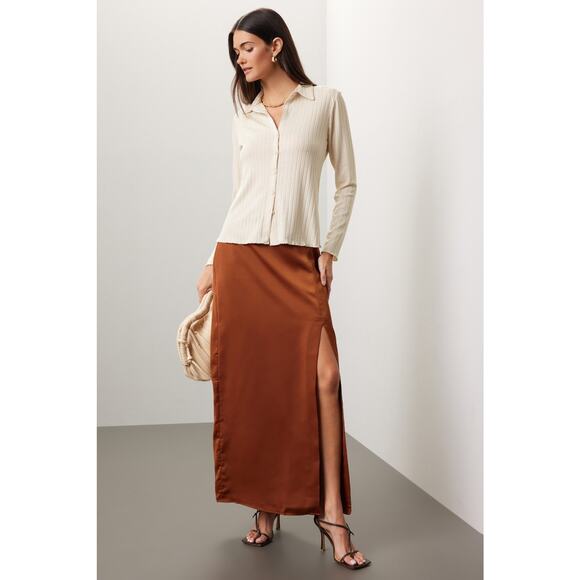 Club Monaco Trycia Brown Satin Bias Slip Slit Maxi Skirt Size 8 - Picture 1 of 14